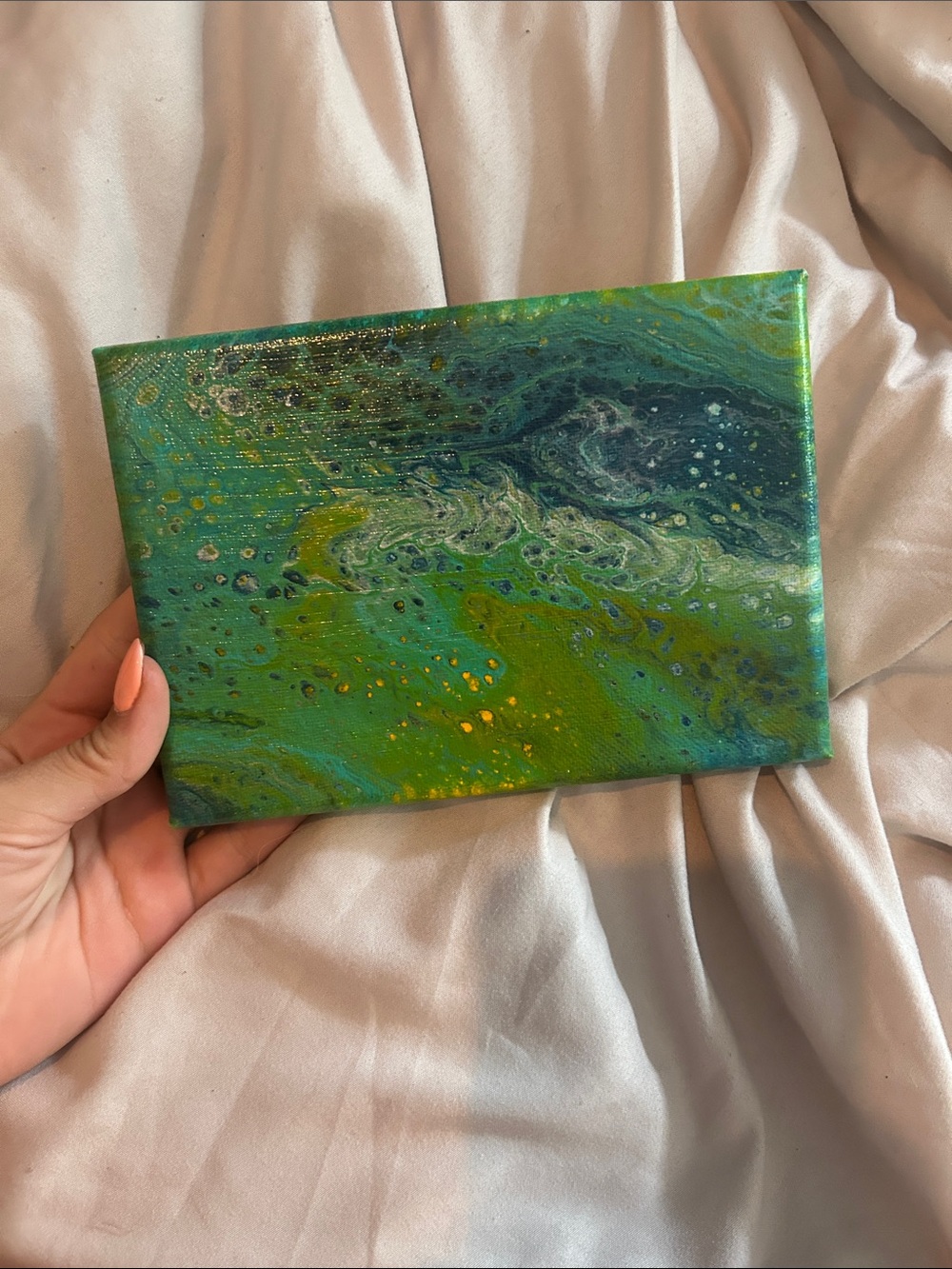 Abstract Fluid Art Canvas in Green, Blue and Gold Accents